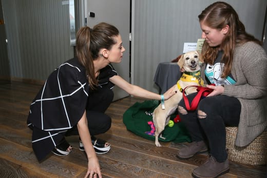 Lyndsy Fonseca playing with a dog