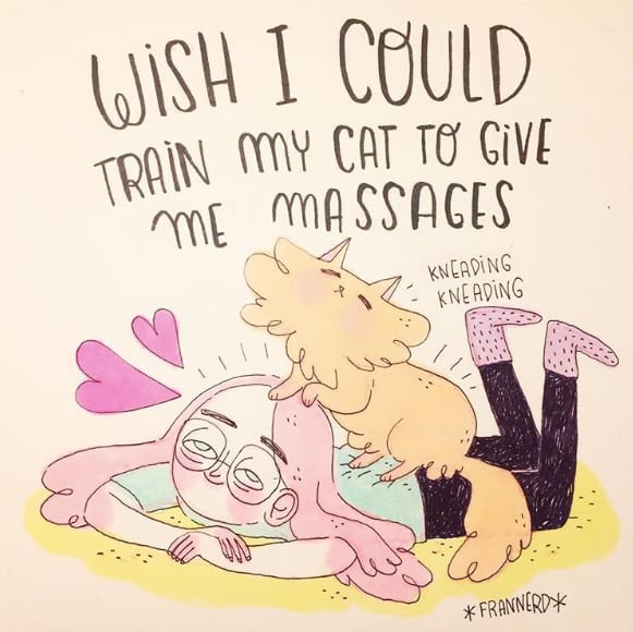 Comic of a woman getting a massage from a cat