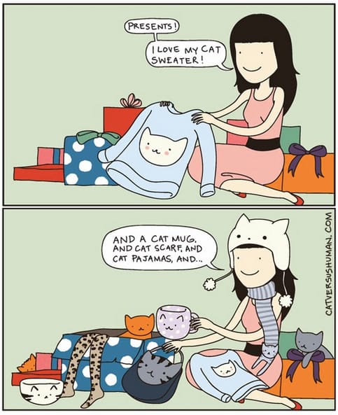 Comic of a woman getting cat gifts