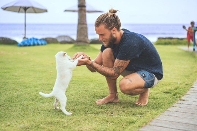 Man is training a dog to stop barking